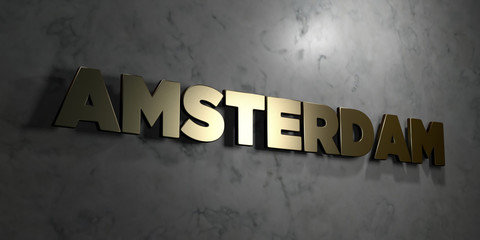 Amsterdam - Gold text on black background - 3D rendered royalty free stock picture. This image can be used for an online website banner ad or a print postcard.