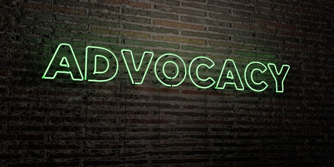 ADVOCACY -Realistic Neon Sign on Brick Wall background - 3D rendered royalty free stock image. Can be used for online banner ads and direct mailers..