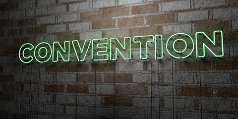 CONVENTION - Glowing Neon Sign on stonework wall - 3D rendered royalty free stock illustration.  Can be used for online banner ads and direct mailers..