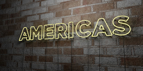 AMERICAS - Glowing Neon Sign on stonework wall - 3D rendered royalty free stock illustration.  Can be used for online banner ads and direct mailers..