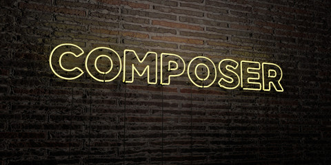 COMPOSER -Realistic Neon Sign on Brick Wall background - 3D rendered royalty free stock image. Can be used for online banner ads and direct mailers..