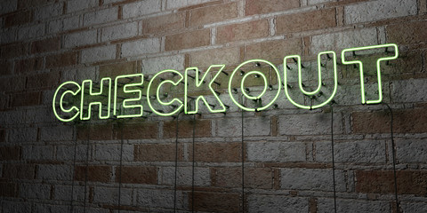CHECKOUT - Glowing Neon Sign on stonework wall - 3D rendered royalty free stock illustration.  Can be used for online banner ads and direct mailers..