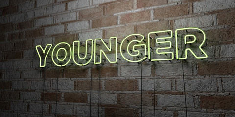 YOUNGER - Glowing Neon Sign on stonework wall - 3D rendered royalty free stock illustration.  Can be used for online banner ads and direct mailers..