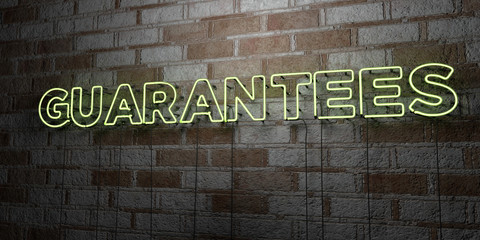 GUARANTEES - Glowing Neon Sign on stonework wall - 3D rendered royalty free stock illustration.  Can be used for online banner ads and direct mailers..