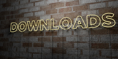 DOWNLOADS - Glowing Neon Sign on stonework wall - 3D rendered royalty free stock illustration.  Can be used for online banner ads and direct mailers..