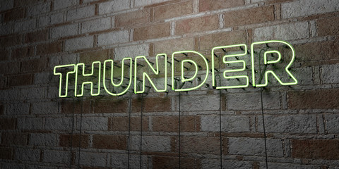 THUNDER - Glowing Neon Sign on stonework wall - 3D rendered royalty free stock illustration.  Can be used for online banner ads and direct mailers..