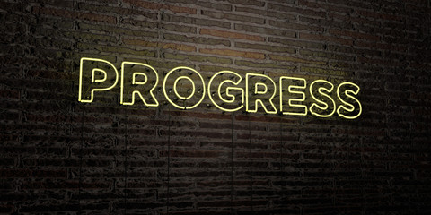 PROGRESS -Realistic Neon Sign on Brick Wall background - 3D rendered royalty free stock image. Can be used for online banner ads and direct mailers..
