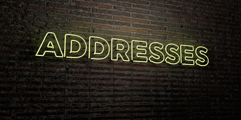 ADDRESSES -Realistic Neon Sign on Brick Wall background - 3D rendered royalty free stock image. Can be used for online banner ads and direct mailers..