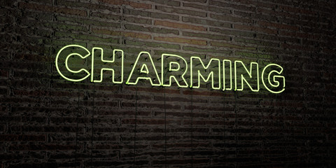 CHARMING -Realistic Neon Sign on Brick Wall background - 3D rendered royalty free stock image. Can be used for online banner ads and direct mailers..