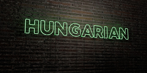 HUNGARIAN -Realistic Neon Sign on Brick Wall background - 3D rendered royalty free stock image. Can be used for online banner ads and direct mailers..