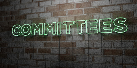 COMMITTEES - Glowing Neon Sign on stonework wall - 3D rendered royalty free stock illustration.  Can be used for online banner ads and direct mailers.. - obrazy, fototapety, plakaty