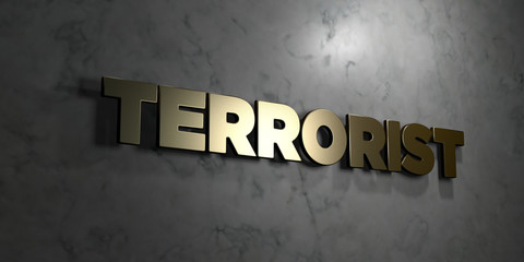 Terrorist - Gold text on black background - 3D rendered royalty free stock picture. This image can be used for an online website banner ad or a print postcard.