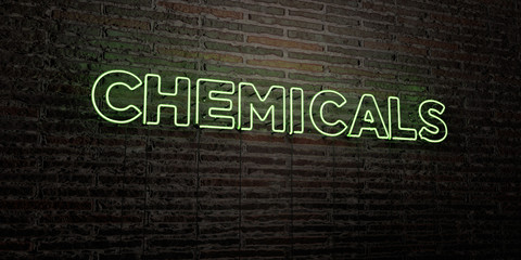 CHEMICALS -Realistic Neon Sign on Brick Wall background - 3D rendered royalty free stock image. Can be used for online banner ads and direct mailers..