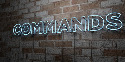 COMMANDS - Glowing Neon Sign on stonework wall - 3D rendered royalty free stock illustration.  Can be used for online banner ads and direct mailers..