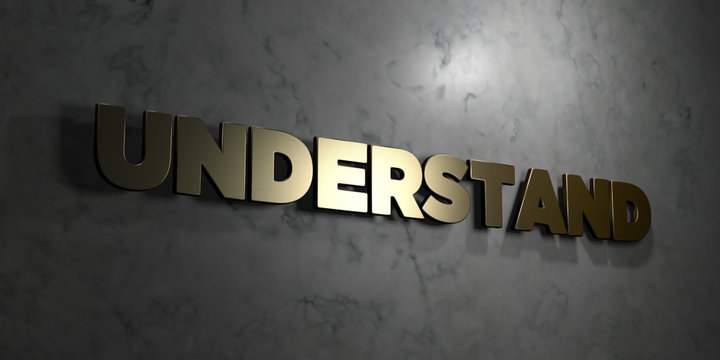 Understand - Gold text on black background - 3D rendered royalty free stock picture. This image can be used for an online website banner ad or a print postcard.