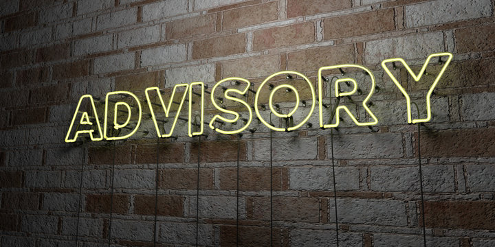 ADVISORY - Glowing Neon Sign on stonework wall - 3D rendered royalty free stock illustration.  Can be used for online banner ads and direct mailers..