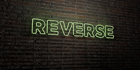 REVERSE -Realistic Neon Sign on Brick Wall background - 3D rendered royalty free stock image. Can be used for online banner ads and direct mailers..