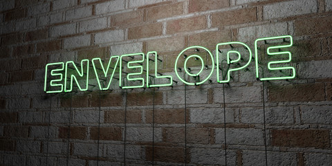 ENVELOPE - Glowing Neon Sign on stonework wall - 3D rendered royalty free stock illustration.  Can be used for online banner ads and direct mailers..