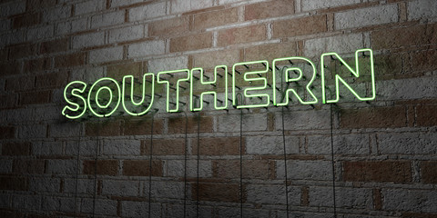 SOUTHERN - Glowing Neon Sign on stonework wall - 3D rendered royalty free stock illustration.  Can be used for online banner ads and direct mailers..