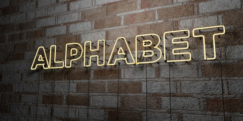ALPHABET - Glowing Neon Sign on stonework wall - 3D rendered royalty free stock illustration.  Can be used for online banner ads and direct mailers..