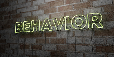 BEHAVIOR - Glowing Neon Sign on stonework wall - 3D rendered royalty free stock illustration.  Can be used for online banner ads and direct mailers..