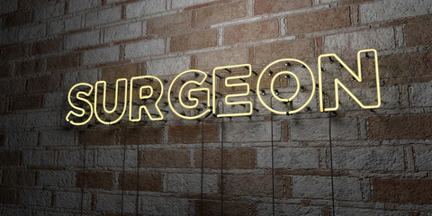 SURGEON - Glowing Neon Sign on stonework wall - 3D rendered royalty free stock illustration.  Can be used for online banner ads and direct mailers..