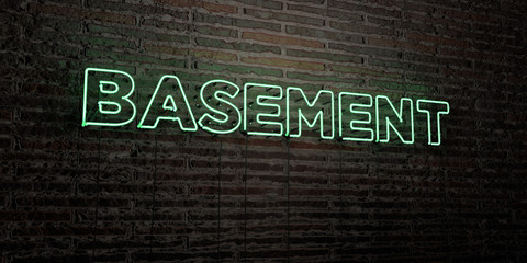 BASEMENT -Realistic Neon Sign on Brick Wall background - 3D rendered royalty free stock image. Can be used for online banner ads and direct mailers..