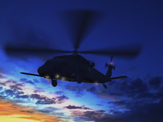 3d rendering of helicopter UH-60 "Blackhawk" flying in sunset sky   © Anatoly Stojko
