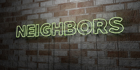 NEIGHBORS - Glowing Neon Sign on stonework wall - 3D rendered royalty free stock illustration.  Can be used for online banner ads and direct mailers..