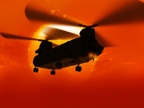 3d rendering of helicopter CH-47 "Choonuk" flying over big sun
