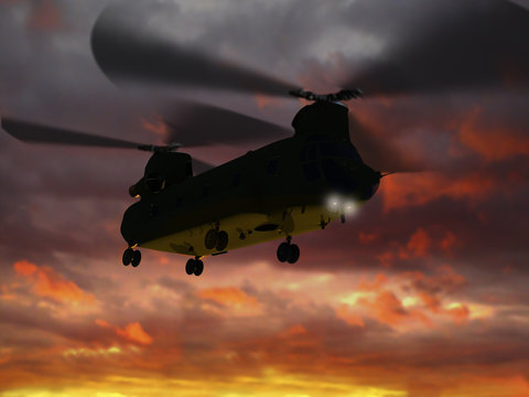 3d rendering of helicopter CH-47 "Chinook"  flies sunset clouds