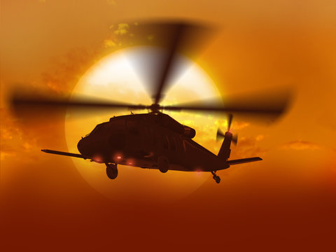 3d rendering of helicopter UH-60 "Blackhawk" flying over big sun