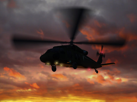 3d rendering of helicopter UH-60 "Blackhawk" flying in sunset sky
