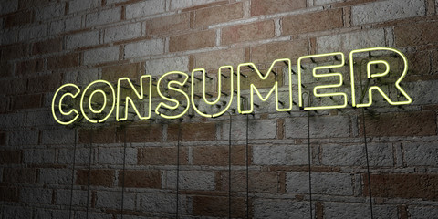 CONSUMER - Glowing Neon Sign on stonework wall - 3D rendered royalty free stock illustration.  Can be used for online banner ads and direct mailers..