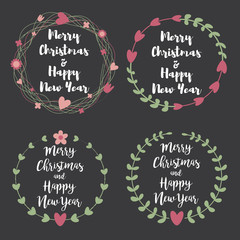 Christmas Labels and Badges. Set of floral  wreath frame for Merry Christmas and Happy New Year invitations, birthday cards, calligraphic letters, Emblem and label. 