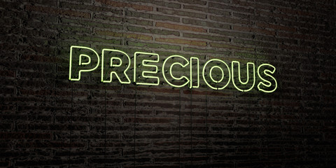 PRECIOUS -Realistic Neon Sign on Brick Wall background - 3D rendered royalty free stock image. Can be used for online banner ads and direct mailers..