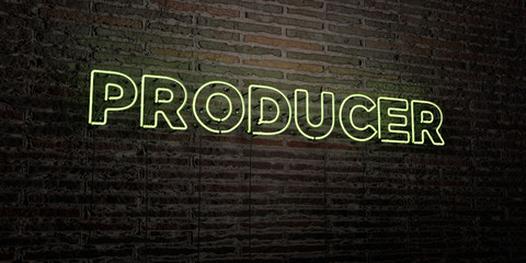 PRODUCER -Realistic Neon Sign on Brick Wall background - 3D rendered royalty free stock image. Can be used for online banner ads and direct mailers..