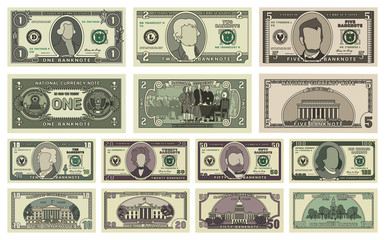 Vector cartoon dollar banknotes isolated on white background illustration. Every denomination of US currency note. Back sides of money bills - obrazy, fototapety, plakaty