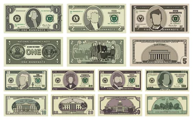 Fotobehang Vector cartoon dollar banknotes isolated on white background illustration. Every denomination of US currency note. Back sides of money bills © Oleksii Plotnytskyi