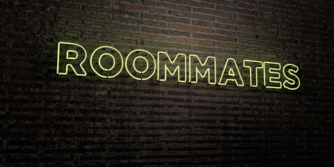 ROOMMATES -Realistic Neon Sign on Brick Wall background - 3D rendered royalty free stock image. Can be used for online banner ads and direct mailers..