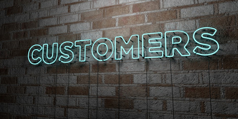 CUSTOMERS - Glowing Neon Sign on stonework wall - 3D rendered royalty free stock illustration.  Can be used for online banner ads and direct mailers..