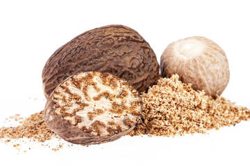 Nutmeg , whole, half and ground on white background