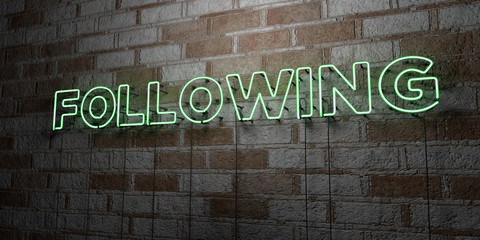FOLLOWING - Glowing Neon Sign on stonework wall - 3D rendered royalty free stock illustration.  Can be used for online banner ads and direct mailers..