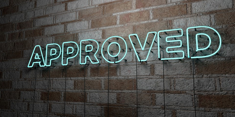 APPROVED - Glowing Neon Sign on stonework wall - 3D rendered royalty free stock illustration.  Can be used for online banner ads and direct mailers..