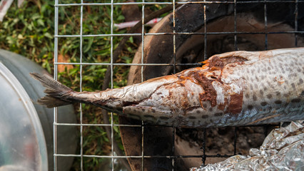 Top view of Grilled fish with charcoa.