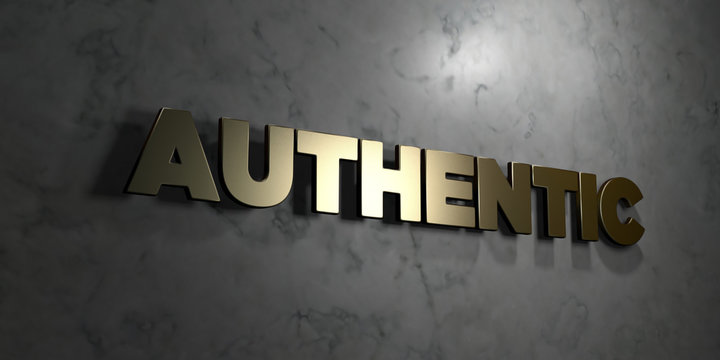 Authentic - Gold text on black background - 3D rendered royalty free stock picture. This image can be used for an online website banner ad or a print postcard.