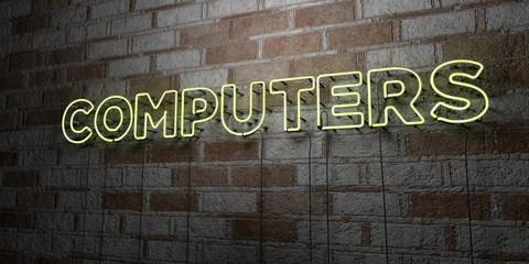 COMPUTERS - Glowing Neon Sign on stonework wall - 3D rendered royalty free stock illustration.  Can be used for online banner ads and direct mailers..