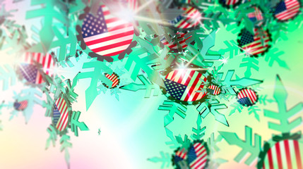 Falling snow background. Transparent ice snowflakes on gradient background. Lens flare. USA flag textured snowflakes. New Year backdrop. 3D rendering