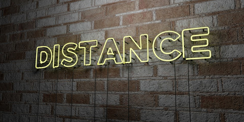 DISTANCE - Glowing Neon Sign on stonework wall - 3D rendered royalty free stock illustration.  Can be used for online banner ads and direct mailers..