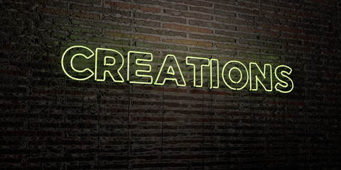 CREATIONS -Realistic Neon Sign on Brick Wall background - 3D rendered royalty free stock image. Can be used for online banner ads and direct mailers..
